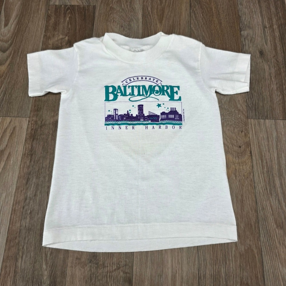 Vintage Hanes Baltimore Inner Harbor T-Shirt Kids XS 2-4 White Single Stitch USA